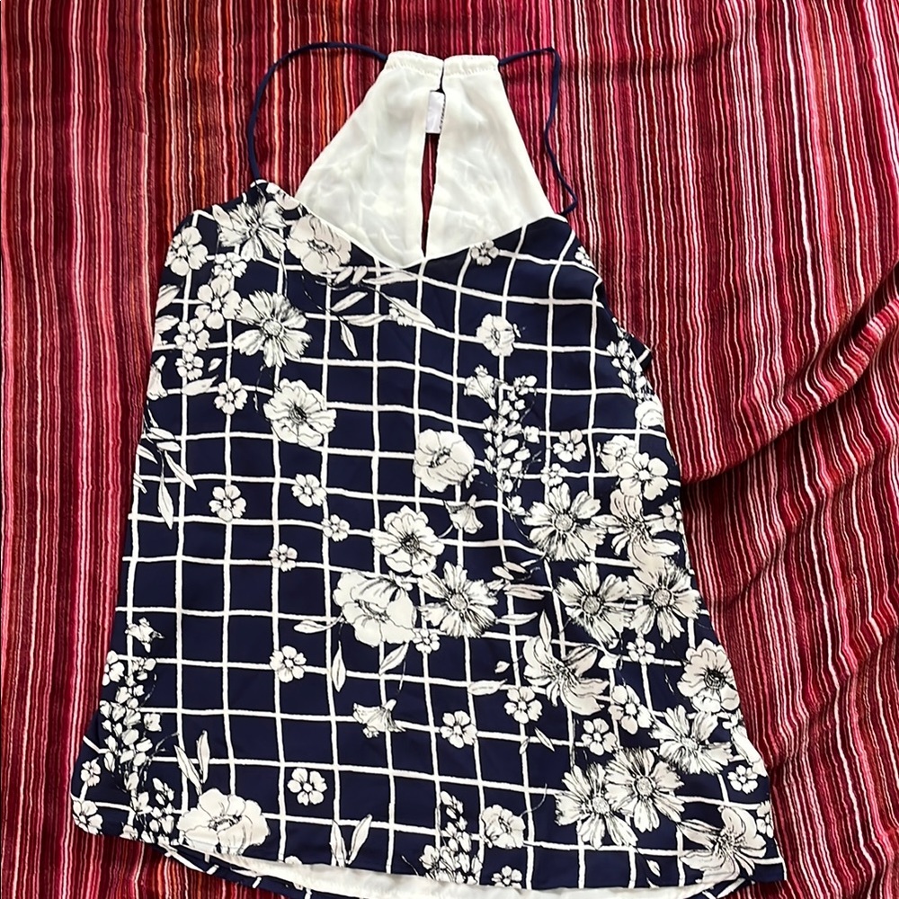 Floral Halter Neck Top - Navy and White